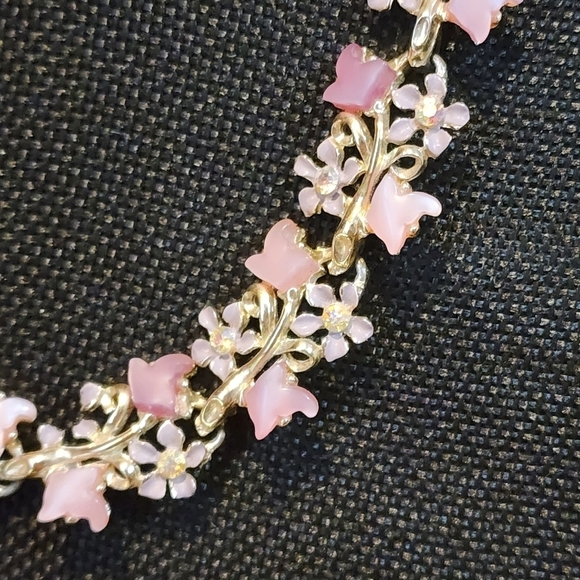Vintage Pink Purple Thermoset Necklace Gold Tone Necklace Floral Choker 15" - Picture 4 of 7